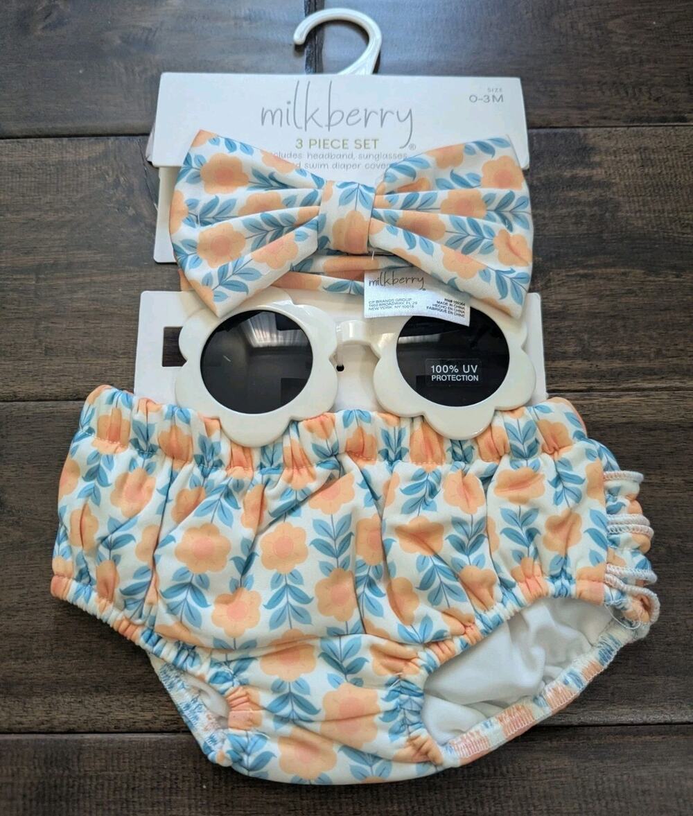 Milkberry Baby Girl 3 Pc Floral Set Headband Sunglasses Diaper Swim Cover 0 3 Mo